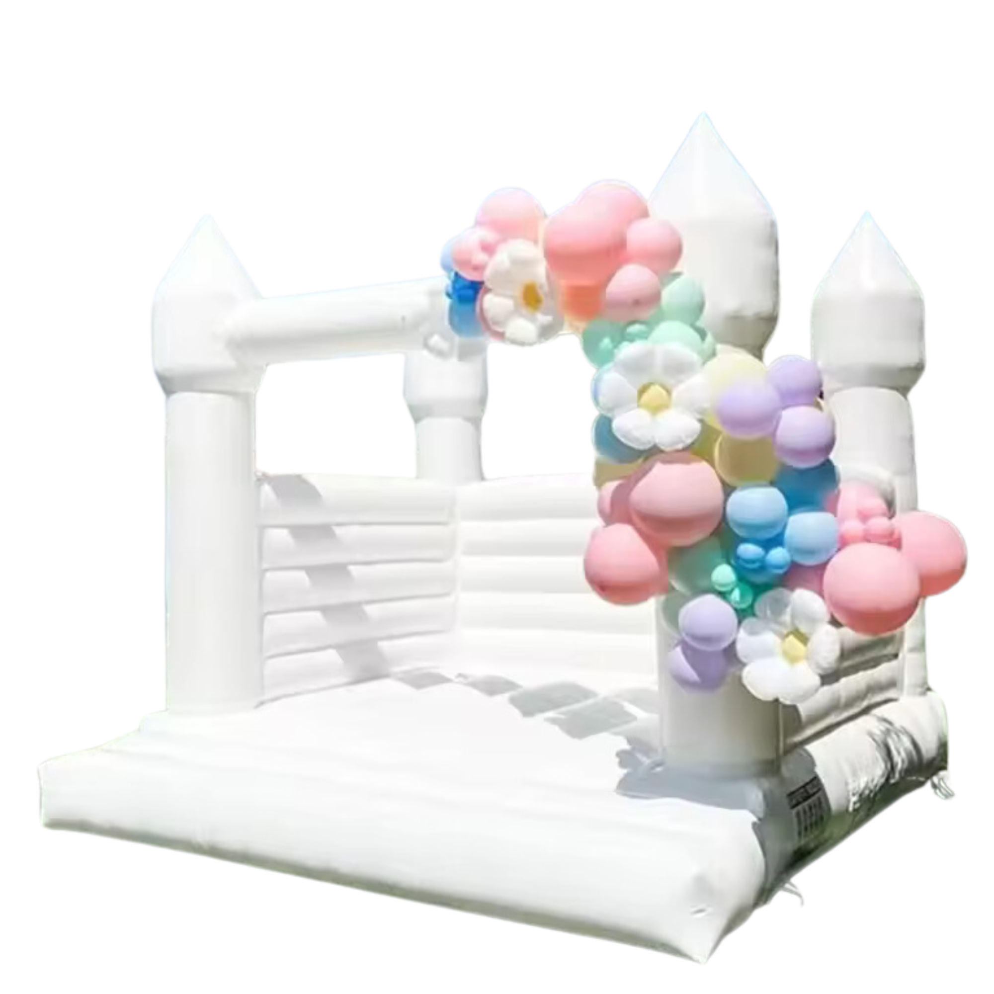 Weiße Hüpfburg mit bunter Ballonblumen-Dekoration auf der rechten Seite, ideal für Hochzeiten und Feiern.