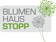 Logo des Blumenhaus Stopp aus Leipzig mit stilisierten Blumen in grün und grau.